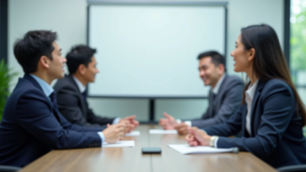 Office meeting with diverse professionals around table, one person speaking while others listen, collaborative body language, modern conference room