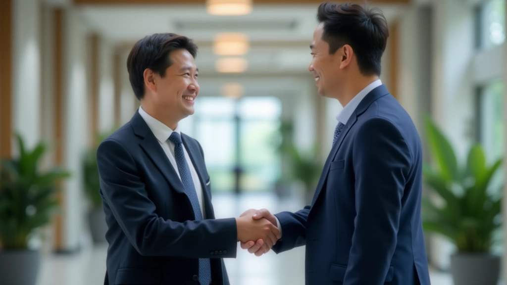 Two professionals shaking hands and smiling in a modern office lobby, both appearing relaxed and confident in their interaction