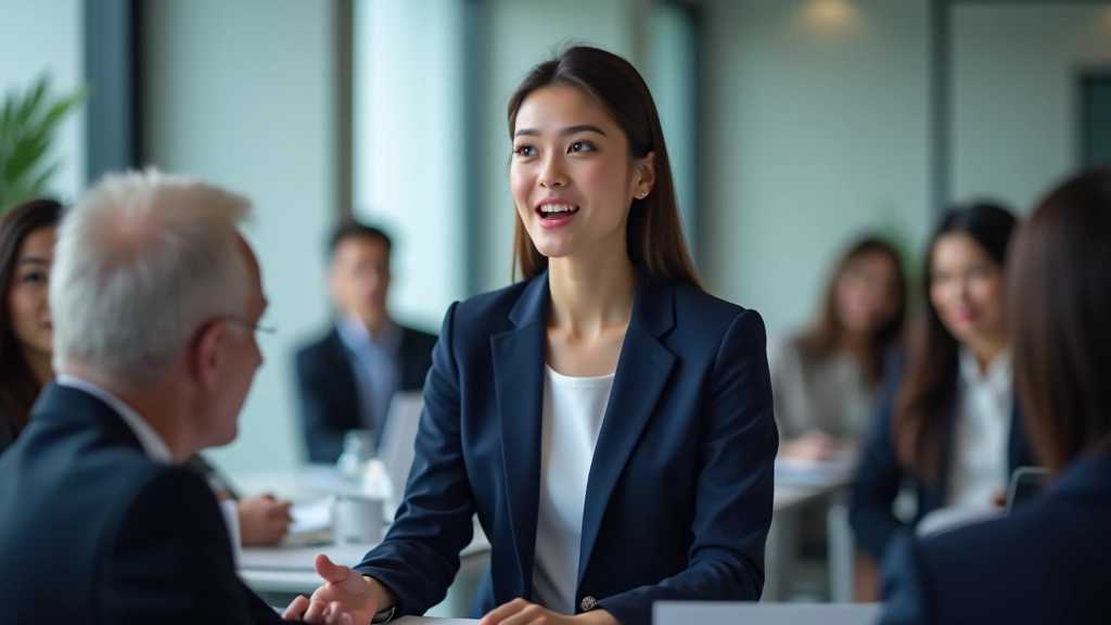 Business professional speaking confidently in meeting with arms uncrossed, colleagues listening attentively, calm assured expression, professional office setting